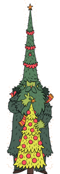 A fantasy-world giant of a tree with a long pointed hat, holding a Christmas tree of its own.