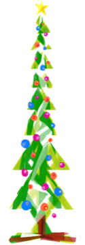 A striking tree with triangular tiers, decisive brushstrokes, bright baubles and a yellow star.