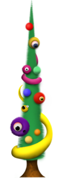 A playful tree decorated with colourful garlands and bubble-like baubles with one googly eye each.