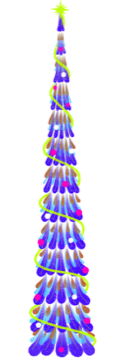 A reimagined Christmas tree using vibrant blue and green peacock feathers.
