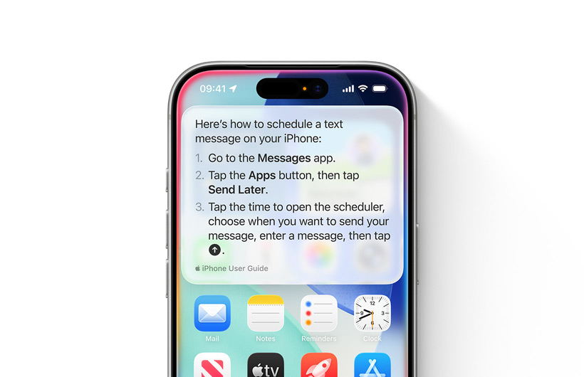An iPhone is shown with step-by-step guidelines on how to schedule a text message to send later