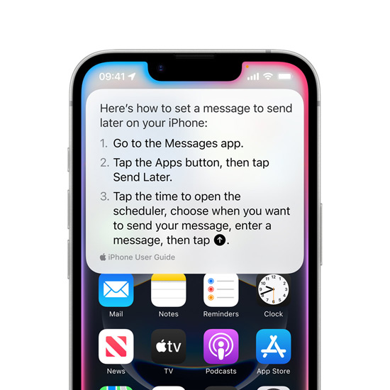 iPhone 16e showing text pop-up from Siri with instructions on how to set a text message to send later.