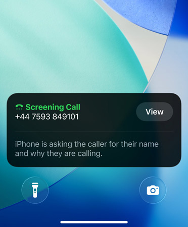 iPhone app showing Call Screening feature in use