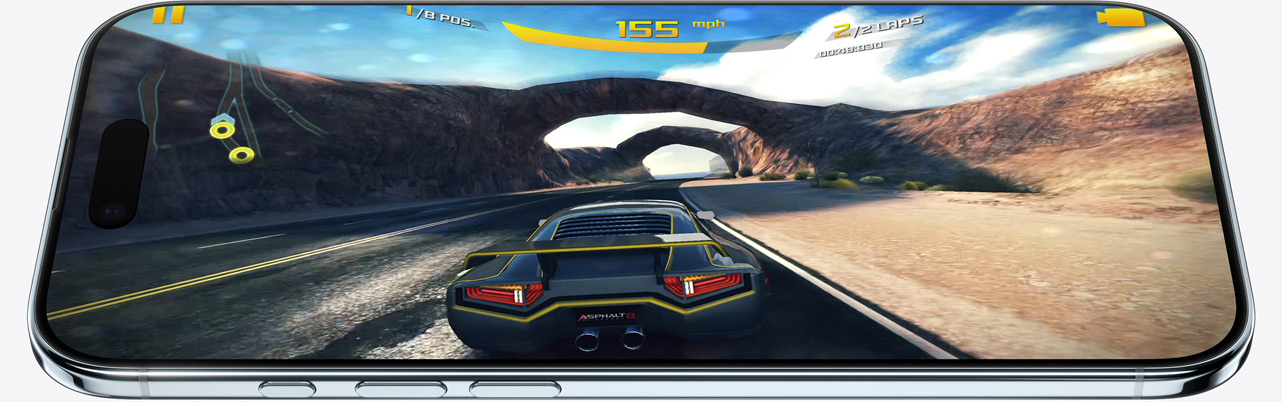 iPhone Air, front exterior, side exterior, showing a static from a game, buttons: Action, volume
