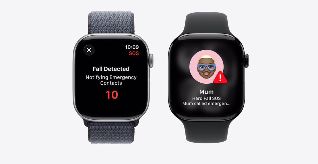 Apple Watch Series 11, Crash Detection notification, Emergency Call button, second notification reads: Mum took a hard fall and has called emergency services