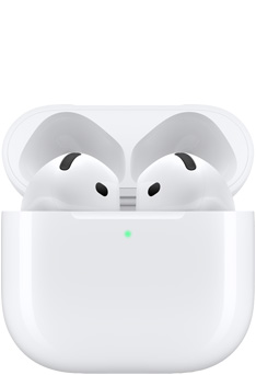 AirPods 4 in de oplaadcase met het klepje open.