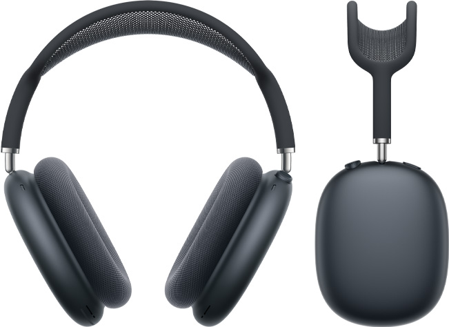 Záběr na temně inkoustové AirPody Max zepředu a z boku