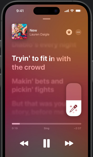Apple Music Sing mode on iPhone playing “New” by Lauren Daigle
