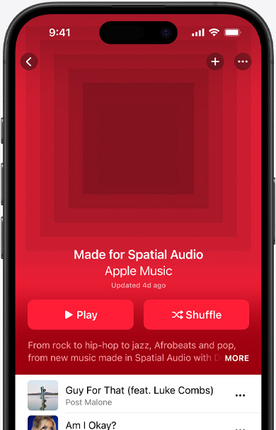 iPhone screen with Made for Spatial Audio playlist cover art in the Apple Music app