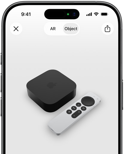 L’image présente l’Apple TV 4K en réalité augmentée sur l’écran d’un iPhone.