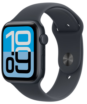 Apple Watch SE 3, aluminum case, midnight color, Flux watch face, right side exterior, Digital Crown, microphone, side button, midnight Sport Band, silver pin-and-tuck closure