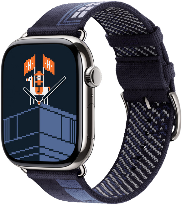 Apple Watch Hermès Series 11, titanboett, silverfinish, Faubourg Party-urtavla och Faubourg Party-armband