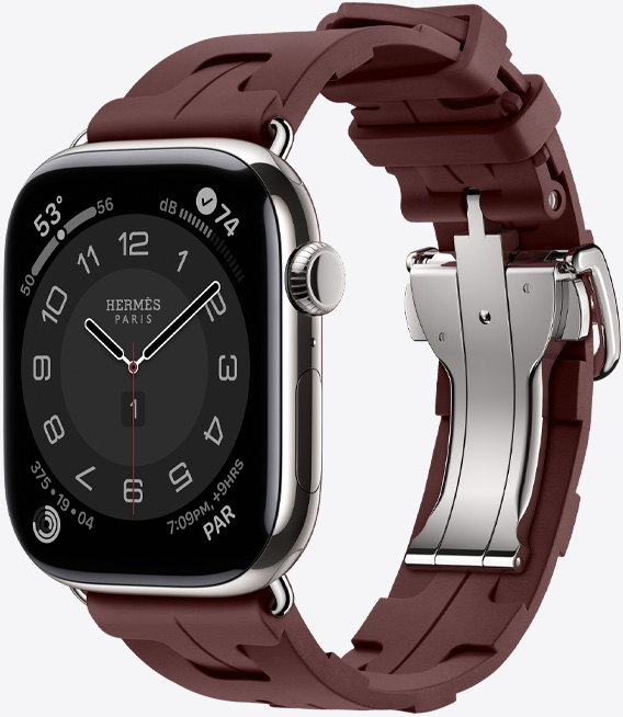 Apple Watch Hermès Series 11, titanboett, silverfinish, Kilim-armband i färgen Bordeaux, Boucle Déployante-spänne i silver