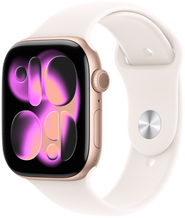 Apple Watch Series 11, cassa in alluminio color oro rosa, quadrante Responsive Art, lato destro, Digital Crown, microfono, tasto laterale, cinturino Sport rosa fard, chiusura pin-and-tuck color argento