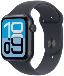 Apple Watch SE 3, cassa in alluminio color mezzanotte, quadrante Flusso, lato destro, Digital Crown, microfono, tasto laterale, cinturino Sport color mezzanotte, chiusura pin-and-tuck color argento