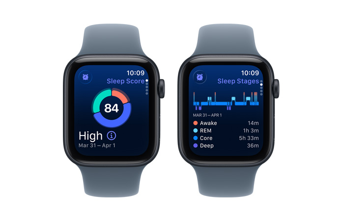 Apple Watch SE 3, Schlafindex, rundes Diagramm und Zahlenwert, Schlafphasen analysiert Wach, REM, Kernschlaf and Tiefschlaf Phasen