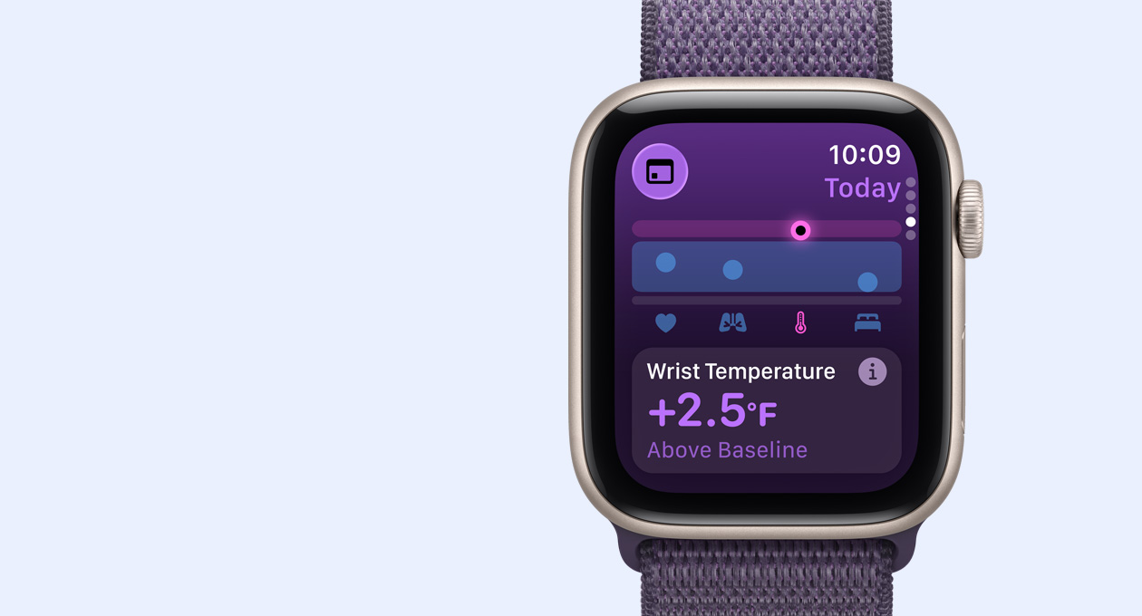 Apple Watch SE 3, Aluminiumgehäuse, Farbe Mitternacht, Daten der Temperaturerkennung am Handgelenk, rechte Seitenansicht, Digital Crown, Armband, Sport Loop, Farbe Maritimblau