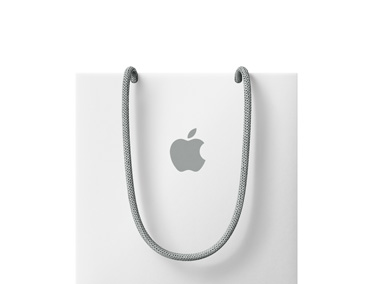 Shopping bag bianca, manici grigi, logo Apple grigio al centro