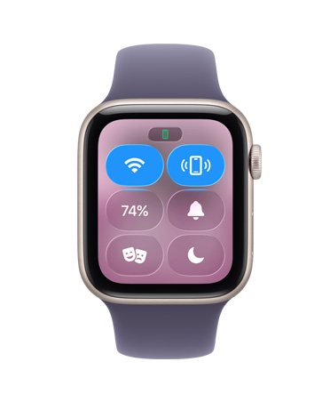 Apple Watch SE 3, cassa in alluminio color galassia, Centro di Controllo, icona per far suonare iPhone, lato destro, Digital Crown, cinturino Sport viola nebbia