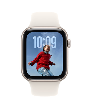 Apple Watch SE 3, cassa in alluminio color galassia, suggerimento di Raccolta smart, suggerimento per allenamento di corsa outdoor, lato destro, Digital Crown, cinturino Sport color galassia