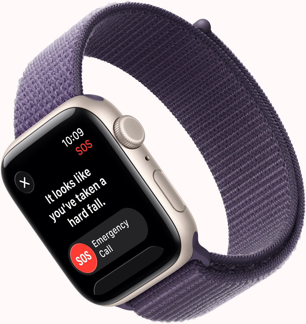 Apple Watch SE 3, Aluminiumgehäuse, Farbe Polarstern, Mitteilung SOS Sturzerkennung, Tasten für Notruf und «Mir geht's gut», rechte Seitenansicht, Digital Crown, Mikrofon, Seitentaste, Armband, Sport Loop, Farbe Nebelviolett