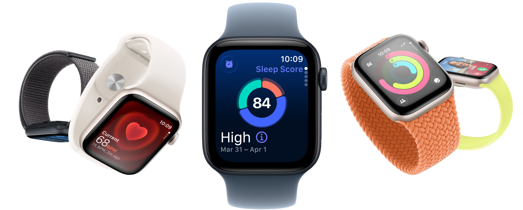 Apple Watch SE 3 Geräte, Aluminiumgehäuse, Farben Polarstern und Mitternacht, die Displays zeigen: Vitalzeichen App, Herzfrequenz App, Schlafindex, Aktivitätsringe, eingehender Anruf