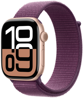 An Apple Watch Series 10 above swatches of the available finishes: Jet Black aluminum, Silver aluminum, Rose Gold aluminum, Natural titanium, Slate titanium, and Gold titanium.