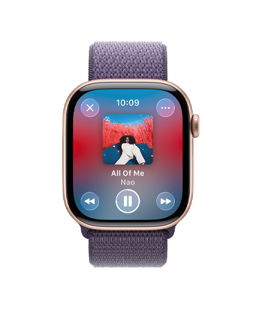 Apple Watch Series 11, Farbe Roségold, Aluminiumgehäuse, Apple Music Steuerelemente, Workout Playlist, rechte Seitenansicht, Digital Crown, Armband, Sport Loop, Farbe Nebelviolett