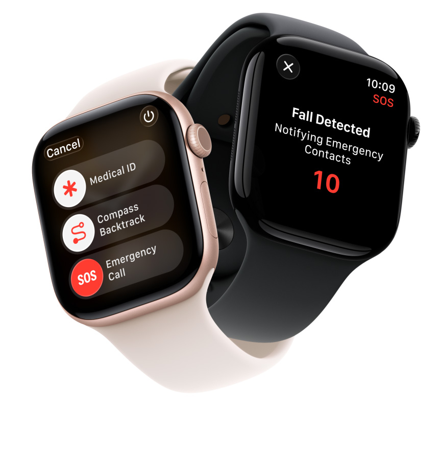 Apple Watch Series 11-enheter med urkasse av aluminium i fargene rosegull og gagatsvart, med sikkerhetsfunksjoner på skjermen: Nødinfo, Spor tilbake med kompass, Nødanrop. Sport Band-remmer, i fargene svak rosa og svart