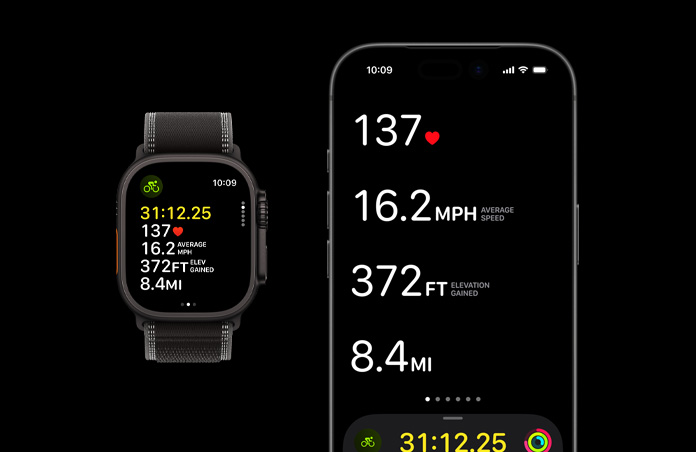 Apple Watch Ultra 3, black color, titanium case, Trail Loop, black/charcoal color,  iPhone, active workout metrics open on both devices