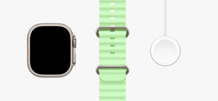 Apple Watch Ultra 3, Titangehäuse Farbe Natur, All-Screen Display, Ocean Armband Neongrün, Apple Watch Magnetisches Schnellladegerät auf USB‑C Kabel