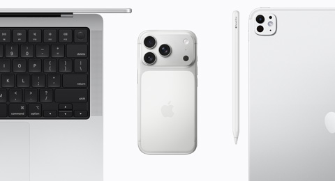 An open MacBook in Silver, an iPhone 17 Pro in Silver color,  an Apple Pencil Pro, and an iPad Pro in Silver color