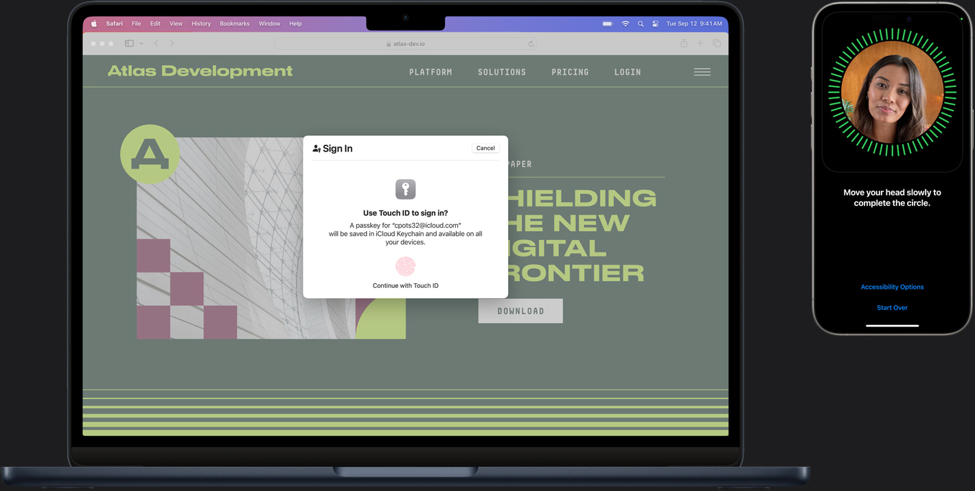 Mac i iPhone z różnymi elementami Touch ID do bezpiecznego logowania.