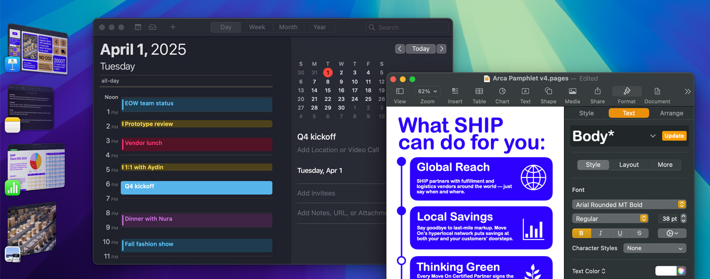Useita appeja avoinna näytöllä, mukaan lukien Kalenteri ja Pages. Vasemmalla puolella on monia muita iOS-appeja.