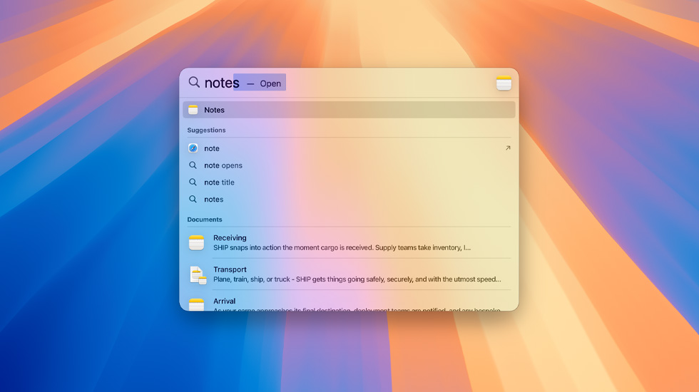 Spotlight-haku, jossa etsitään muistiinpanoja.