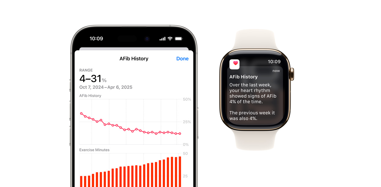 iPhone affichant l’app Historique de FA à côté d’une Apple Watch montrant une notification.