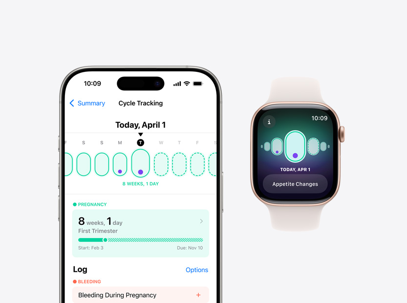 Le logiciel Suivi du cycle affiché sur iPhone et Apple Watch.