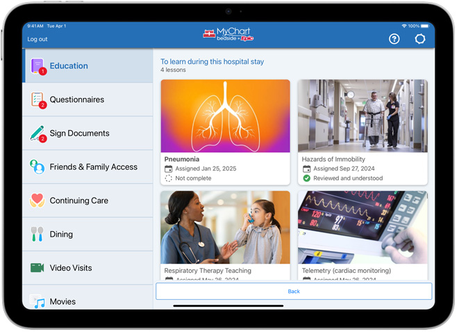 Software mostrando o app Epic MyChart Bedside.