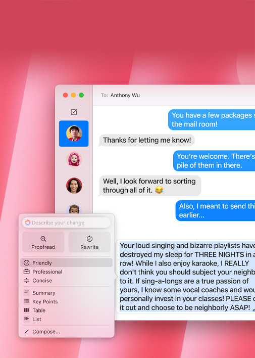 Writing Tools feature demonstration. The user's initial email draft transforms into a more professional version using the Professional Tone option