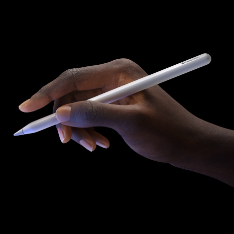 Apple Pencil Pro, side exterior, sleek design with touch sensor near tip, purple color reflecting from iPad Pro display, hand holding from the side with extended index finger showcasing double-tap feature