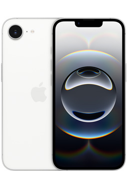 Etunäkymä valkoisesta iPhone 16e:stä ja osittainen näkymä iPhone 16e:n taustasta, näkyvillä kamera.