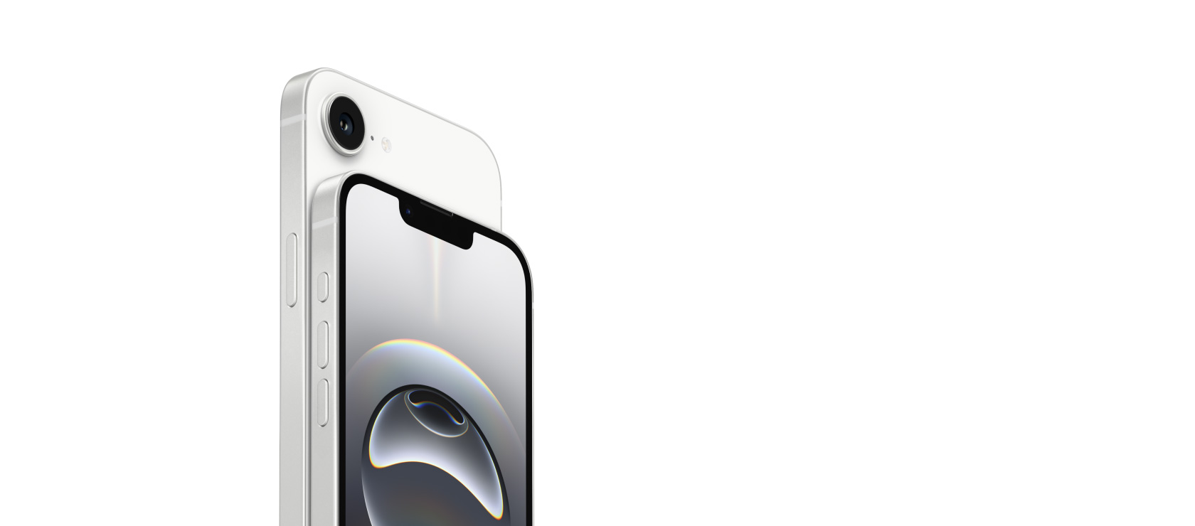 iPhone 16e:n osittainen etunäkymä, jossa esillä Retina-näyttö ja iPhone 16e:n tausta ja kamera.