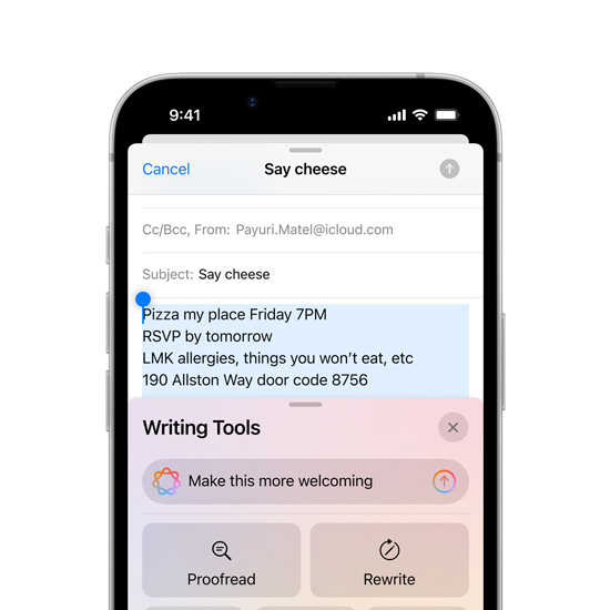 Osittainen näkymä iPhone 16e:n näytöstä, näkyvissä Apple Intelligencen kirjoitustyökaluominaisuudet.