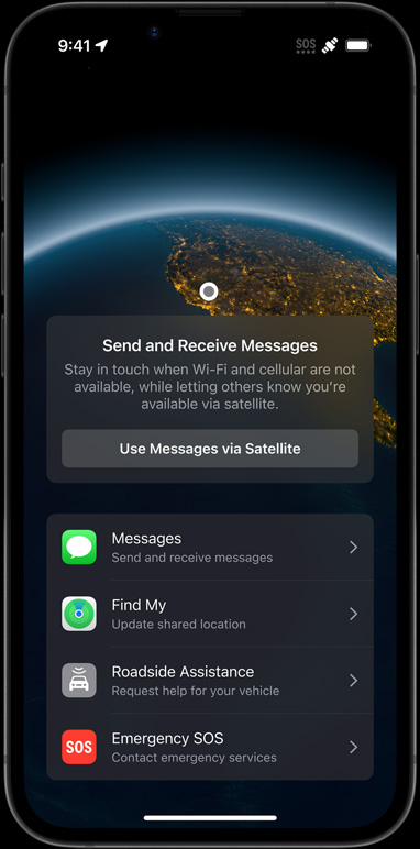 iPhone 16e showing connectivity features like Messages via Satellite, Find My and Emergency SOS.