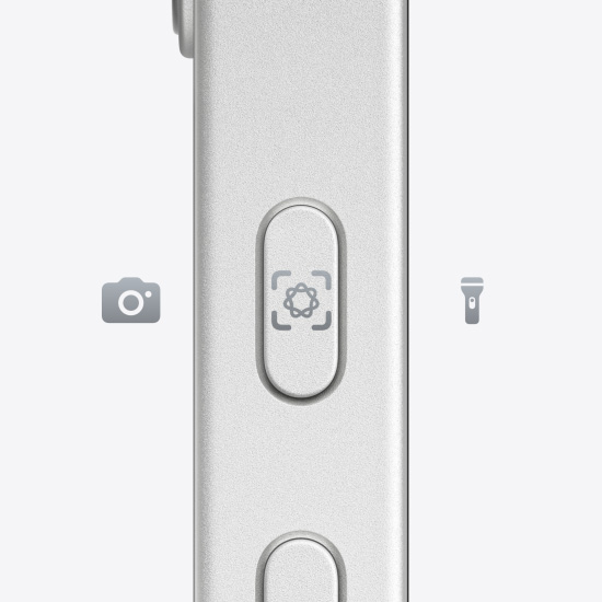 Action button on side of iPhone 16e in color White.