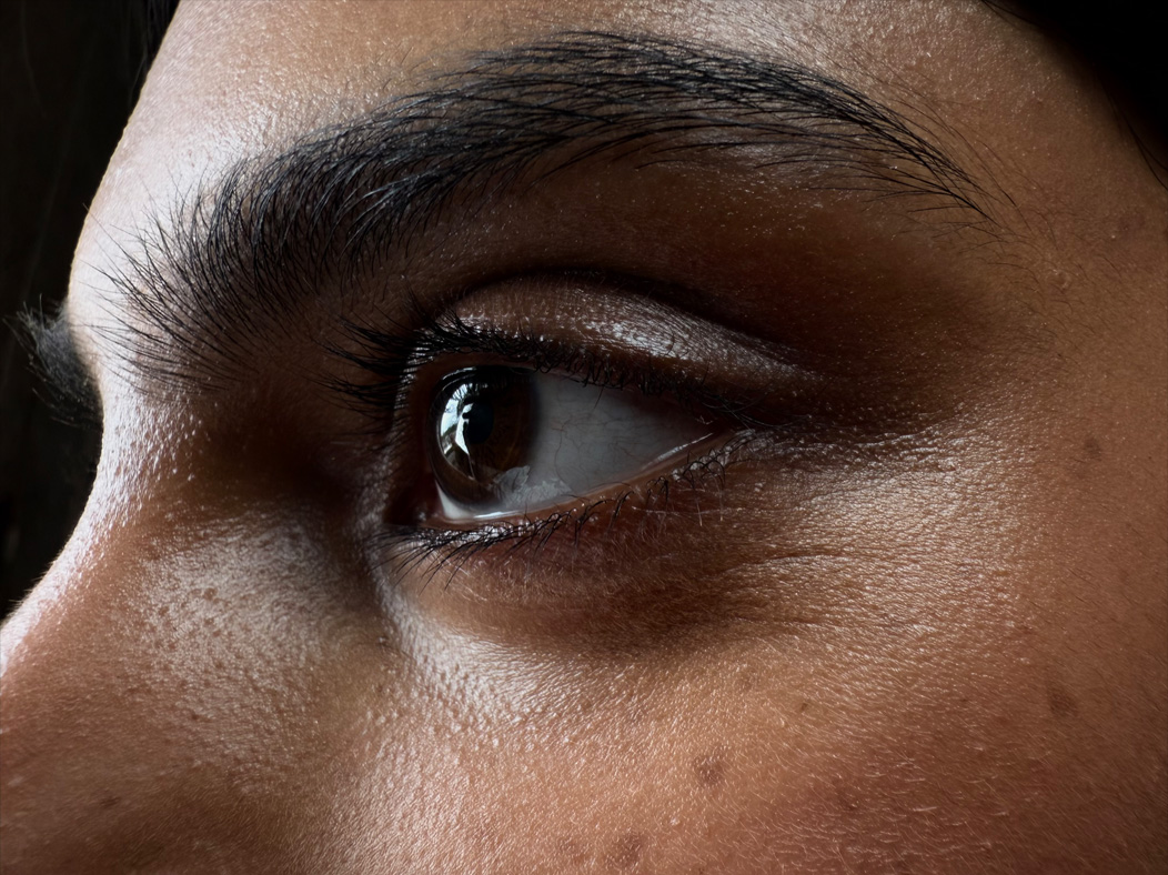 O femeie îmbrăcată într-o rochie roșie stă să fie fotografiată într-o cameră goală. Aplicația Poze comută între următoarele distanțe focale pentru a demonstra capabilitățile sistemului de camere pro: 200 mm, 100 mm, 48 mm, 35 mm, 28 mm, 13 mm și macro