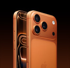 iPhone 17 Pro, culoare Portocaliu cosmic, exterior spate în unghi, sistem de camere Pro Fusion în partea de sus a platoului, buton Comenzi cameră, design cu ecran de la o margine la alta pe partea frontală, butoane Acțiune și volum