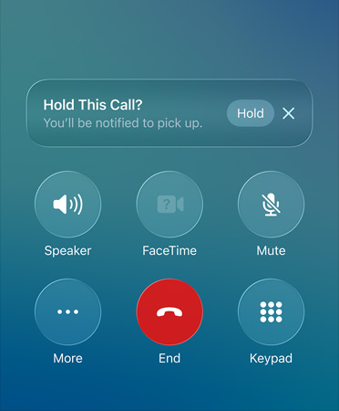 Aplicația Telefon afișând funcția Asistență reținere apel, în utilizare