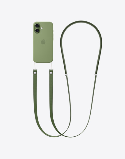 Vista traseira do iPhone 17, com capa verde e fita Crossbody verde colocada