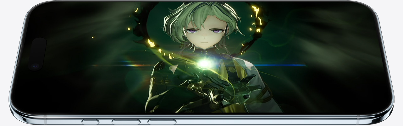 iPhone Air, face avant, vue latérale, image fixe d’un jeu, bouton Action, boutons de volume